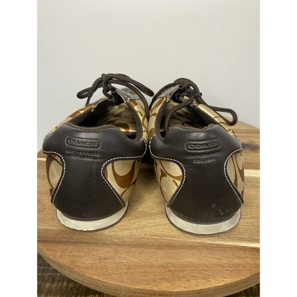 Woman's COACH Kirby Size 8 Sateen Tennis Sneakers Shoes Signature Brown and Tan